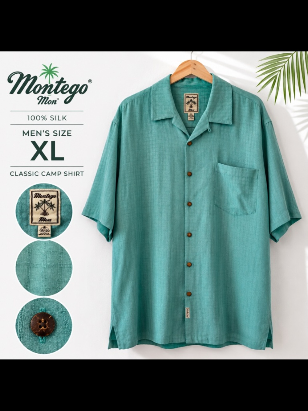 Montego Men’s 100% Silk Hawaiian Camp Shirt Aqua/Turquoise Size XL